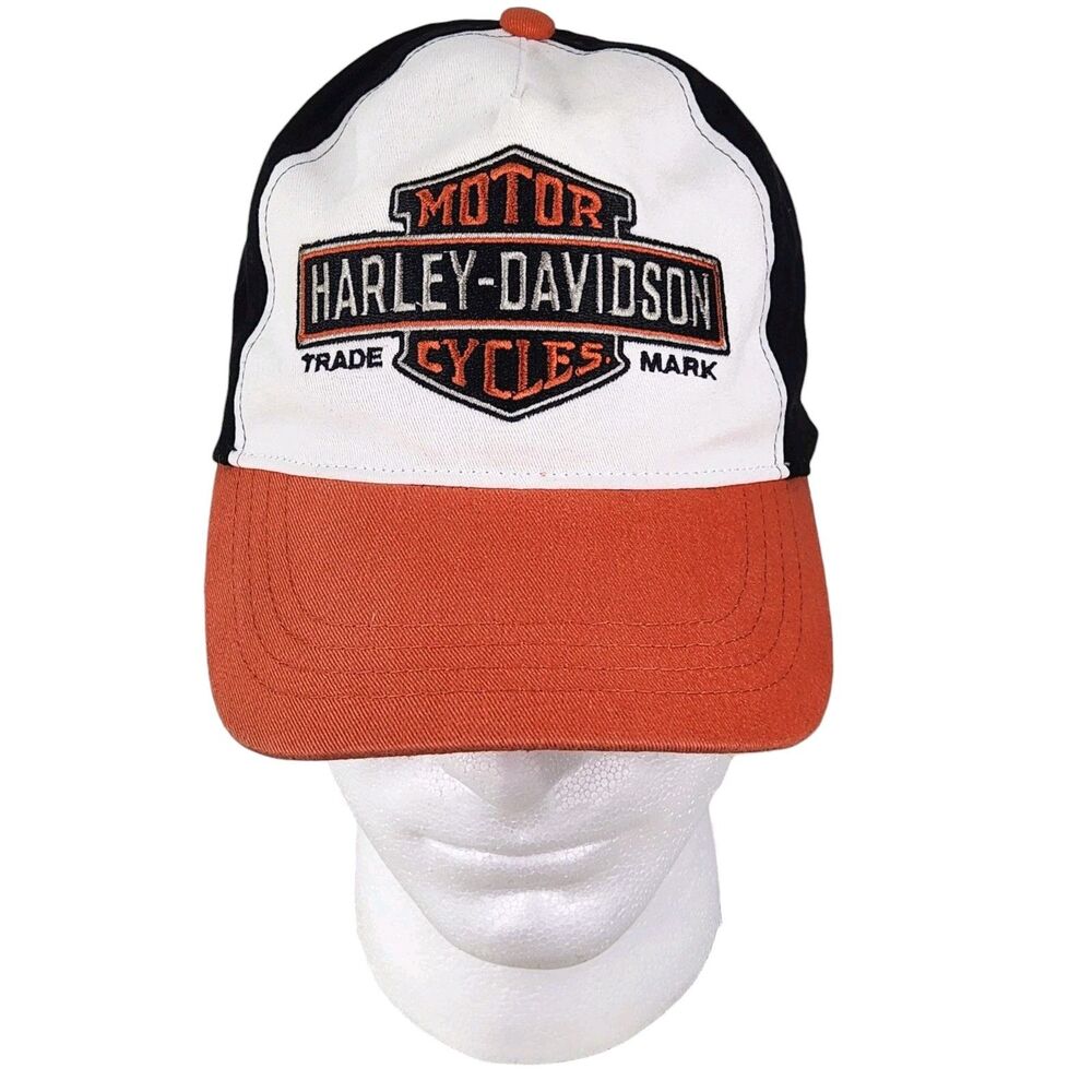 Harley Davidson Motorcycles Logo Hat‎ Cap Sz 4-14 Hook & Loop Biker Black/Orange